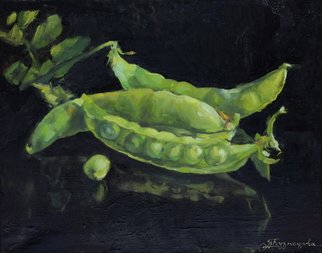 Dariusz Bernat; Green Beans, 2015, Original Painting Oil, 50 x 40 cm. Artwork description: 241 realism, black, green beans, canvas, green, mirrored, oil...