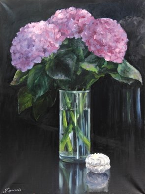 Dariusz Bernat; Hortensia, 2017, Original Painting Oil, 60 x 80 cm. Artwork description: 241 flowers, pink, green, black, vase, glass, nature, table...