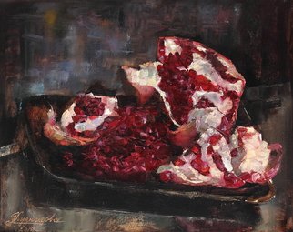 Dariusz Bernat; Pomegranate, 2017, Original Painting Oil, 50 x 40 cm. Artwork description: 241 plate, pomegranate, realism, red, black, violet, navy blue, grey...