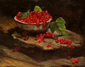 Dariusz Bernat; Ribes, 2017, Original Painting Oil, 50 x 40 cm. Artwork description: 241 Oil on Canvas.another painting from the series fruits, oil on canvasKeywords: red, black, green, impressionism, wood plate, ribes...