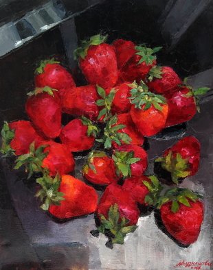 Dariusz Bernat; Strawberry, 2017, Original Painting Oil, 50 x 40 cm. Artwork description: 241 plate, realism, red, black, strawberry, canvas, grey, lacquer, oil...