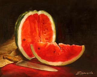 Dariusz Bernat; Watermelon, 2017, Original Painting Oil, 50 x 40 cm. Artwork description: 241 realism, red, table, watermelon, contrast, green, light...