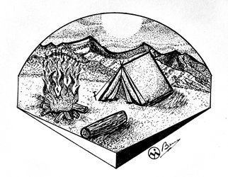 Bryn Reynolds; Camp Sweet Camp, 2018, Original Drawing Ink, 10 x 8 inches. Artwork description: 241  Now this is my kind of AirBNB One can envision return to this beautiful country location assure Et a long day if exploring, enjoying some conversation around the campfire,  and stress setting up at these Stars and Planets instead of a screenmountains nature rustic rusticart mountain ...