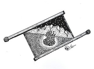 Bryn Reynolds; Campfire Dream, 2019, Original Drawing Ink, 8 x 10 inches. Artwork description: 241 A campfire bring out the community in all of us   campfire  campvibes  hiking  nature  mountainart  mountaindecor  mountains...