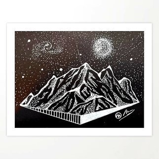 Bryn Reynolds; Midnight Ridge, 2019, Original Drawing Ink, 10 x 8 inches. Artwork description: 241 Midnight Ridge captures both the feel of the limitless nightsky coupled with jagged peaks of of our Mountains. I feel this piece truly captures the spirit of my  DarkMountainArts   nightsky  mountains  stars  moon  planets  nova mountain  outside  wanderlust  penandink  camping  inspiration  hiking  adventure  wander...
