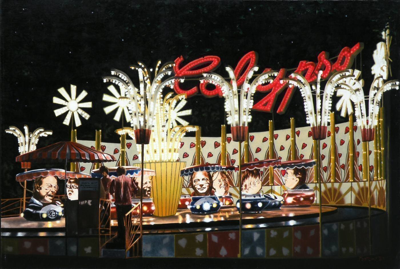 Dave Martsolf, 'Calypso', 1982, original Painting Oil, 50 x 34  x 2 inches. Artwork description: 5871 The giant heads each show a different emotional state.  Life is a carnival.  Are we all just passengers in bumper cars, or can we work toward emotional states we prefermartsolf, oil, painting, surreal, surrealism, surrealistic, busts, heads, portrait, carnival, circus, ride, thrill, night, lights...