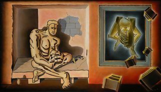 Dave Martsolf, 'Portents Of Genius', 1976, original Painting Oil, 45 x 26  x 2 inches. Artwork description: 5871 The young artist tied up in emotional musings, dreaming of a way out of his cell, sits beside his ice pick.  In his mind the blocks of his metaphorical prison explode away.  martsolf, oil, painting, surreal, surrealism, surrealistic, figure, figurative, nude, male...