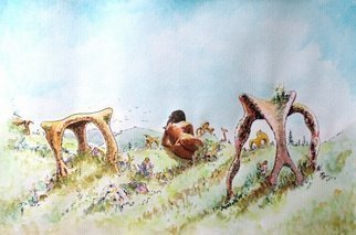 Dave Martsolf, 'The Fields Of Artemis', 2010, original Watercolor, 10.5 x 7  inches. Artwork description: 6267 In Artemis fields all things can come to life, even the earths crust.  She surveys her domain on a cool summers day.  Men may catch a glimpse, but may never catch her.  But, they may.  Those men will never tell you they have reached that height.  To ...