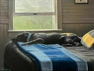 David Larkins; Captains Bedroom, 2022, Original Painting Oil, 24 x 18 inches. Artwork description: 241 While vacationing at our beloved Captains Cottage on Lake Michigan out Labrador Retriever, Shelby decided to rest on the bed after a morning beach walk.As I walked by the bedroom, saw her laying there it reminded me of Andrew Wyeth s  Master Bedroom .With the warm ...