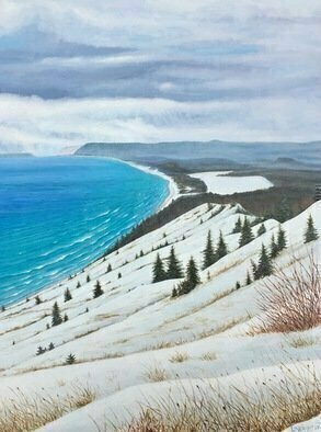 David Larkins, 'Empire Bluff Trail', 2017, original Painting Acrylic, 18 x 24  x 1 inches. Artwork description: 1911 One of our favorite hiking trails in Michigan.Reaching the trails end, we are awarded with this spectacular vista of the Sleeping Bear Dunes National LakeshoreIt s always breathtaking in any season, but I wanted to capture it in winter, the aqua breen water contrasted against the ...