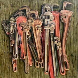 David Larkins, 'Just In Case', 2017, original Painting Acrylic, 24 x 24  x 1 inches. Artwork description: 1911 While we were sorting through my late father- in- lawaEURtms barn preparing for the farm auction we continued to run across all sorts of monkey and pipe wrenches.They kept on accumulating and when we were finished I noticed the pile of them sitting on the ...