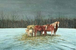 David Larkins, 'Snowy Evening', 2018, original Painting Acrylic, 30 x 21  x 1 inches. Artwork description: 1911 One of our favorite visits is to Calder Dairy Farm not far from where I live.  The variety of animals on the farm is impressive, even the horses, from draft to minis are on the farm.I wanted to capture a specific time of year and day ...