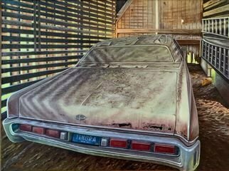David Larkins; The Corn Crib, 2021, Original Painting Oil, 24 x 18 inches. Artwork description: 241 While exploring a friends three barns, I came across a  73 Lincoln Continental in a corn crib. The reflected, diffused light bouncing around the dusty car caught my artistic attention.There were many Ground Hog tracks and a few holes inside the crib so I decided to ...