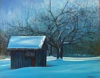 David Larkins; Yooperland, 2021, Original Painting Oil, 20 x 16 inches. Artwork description: 241 Winter in Michigan s Upper Peninsula, the cold crisp air in the morning after a fresh snowfall is captured with the blue cool hues bouncing around the old oak tree and shed. ...