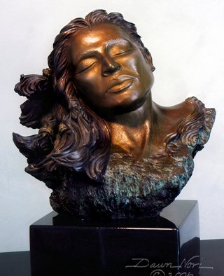 Dawn Feeney; Amaqua, 2005, Original Sculpture Bronze, 25 x 30 inches. Artwork description: 241   Bronze sculpture with ferric ( yellow- brown) patina. Native American Female that can shift to Male when turned to side view. Meant to convey the positive and negative within us all and the wholeness of all beings.  ...