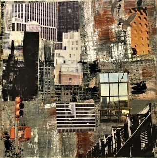 Karen Stein; Big City Hustle, 2019, Original Mixed Media, 12 x 12 inches. Artwork description: 241 Textured layers of black, cream, sienna, grays acrylic paint and collage pieces, city, urban, landscape, congestion, buildings...
