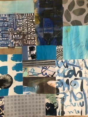Karen Stein; Grid Series 5, 2020, Original Mixed Media, 11 x 14 inches. Artwork description: 241 Layers of original artwork , hand printed collage papers.  Blue, Grays, prints, texture, movement...