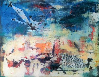 Karen Stein; Searching For Tomorrow, 2019, Original Mixed Media, 14 x 11 inches. Artwork description: 241 Lifted by small birds, a young girl flies over the cityscape below searching for answers and guidance...