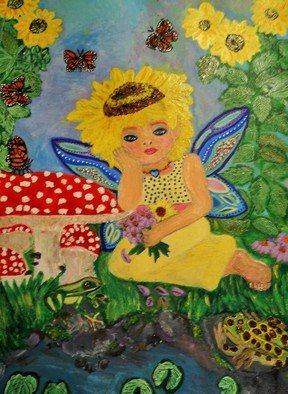 Dayna Winters; Sunny Days, 2014, Original Watercolor, 9 x 12 inches. Artwork description: 241  Sunny Days, depicts a female fairy with brightly colored wings sitting near a pond, red and white toadstools, and tall, beautiful sunflowers.  She holds a bouquet of freshly picked lavender- colored flowers.  Two frogs are nearby and four butterflies fly around her head. The painting' s ...