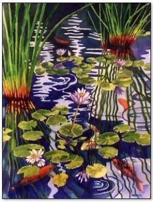 Debra Lennox; Koi Pond, 2004, Original Watercolor, 22 x 34 inches. Artwork description: 241  The nature of water, reflections, and shapes of koi are historically contemplated in many mediums. Watercolor captures the essence of the interactions between these elements and enhances the colors with saturated pigments and exciting watermarks that evoke the mystery and beauty of this Hawaiian koi pond. ...