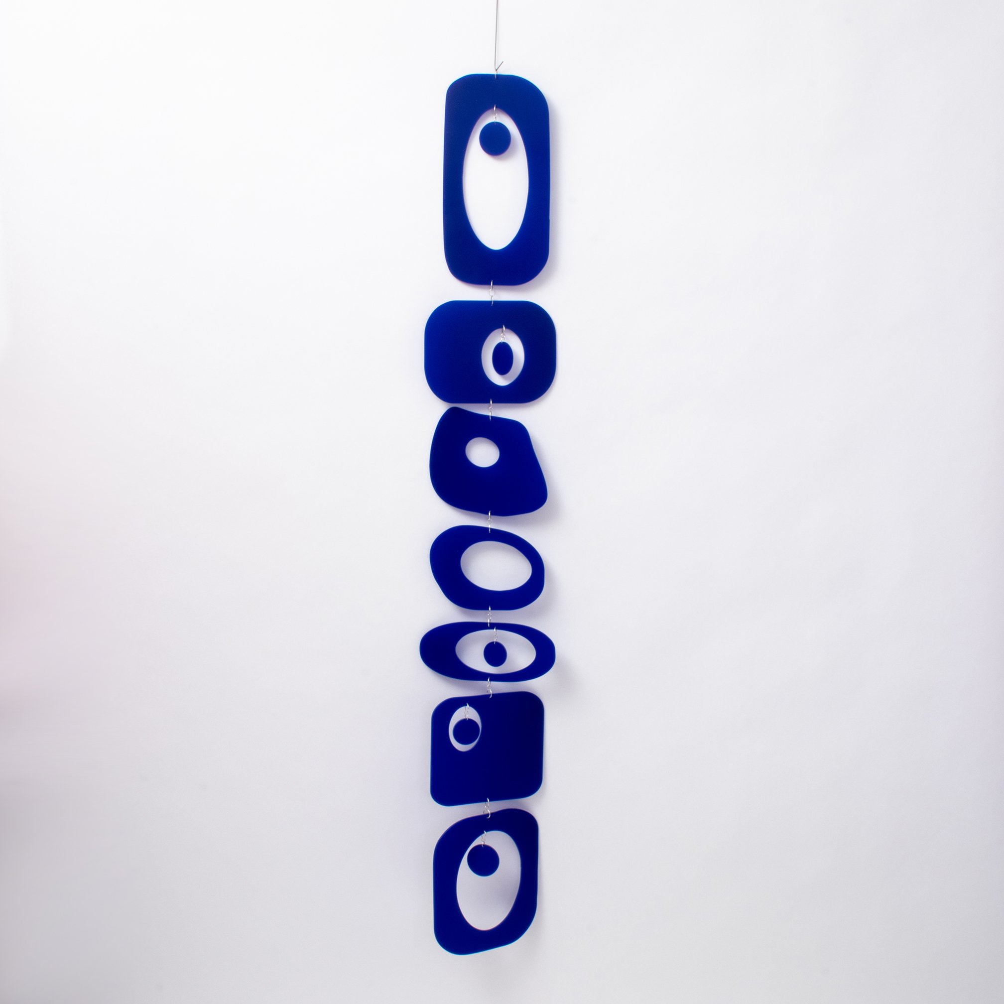 Debra Ann; Beatnik Party Vertical Mobile, 2020, Original Kinetic, 6 x 46 inches. Artwork description: 241 Retro mid century modern inspired vertical hanging art mobile in navy blue.  Kinetic movement and fun groovy style. ...