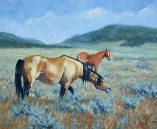 Debra Mickelson; The Protector, 2011, Original Painting Oil, 24 x 20 inches. Artwork description: 241   landscape, Wyoming, mountains, plains, clouds, sky, horse, mustang, animal, wildlife, oil painting, prairie         ...