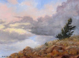 Debra Mickelson; Topaz Skies , 2010, Original Painting Oil, 16 x 12 inches. Artwork description: 241  mountains landscape clouds sky color Colorado sunset   blue pink light pine tree rocks      ...