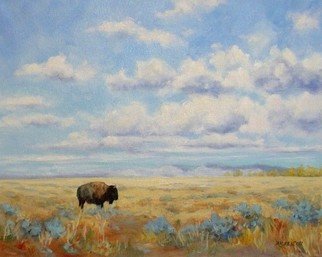 Debra Mickelson; Under A Big Sky, 2009, Original Painting Oil, 20 x 16 inches. Artwork description: 241  landscape, Wyoming, mountains, plains, clouds, sky, bison, buffalo, animal, wildlife, oil painting, prairie        ...