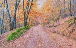 Dejan Trajkovic; Autumn Leaves, 2018, Original Painting Oil, 43.5 x 27.5 cm. Artwork description: 241 Oil on hardboard panel. Original artwork. Painted using high quality oil colors.This road leads from the old monastery through the forest. Hidden in the valley, surrounded by forests. A wonderful place to walk and rest. ...