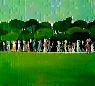 Denise Dalzell, 'Attendance', 2018, original Painting Acrylic, 24 x 24  x 2 inches. Artwork description: 3891 painting, attendance, illustration, expressionism, pop art, modern, realism, people, park.  Guests walking towards a big event...