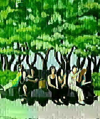 Denise Dalzell; Conversation, 2021, Original Painting Acrylic, 20 x 24 inches. Artwork description: 241 A scene of several conversations on a park bench in New York City, Summer 2019. ...