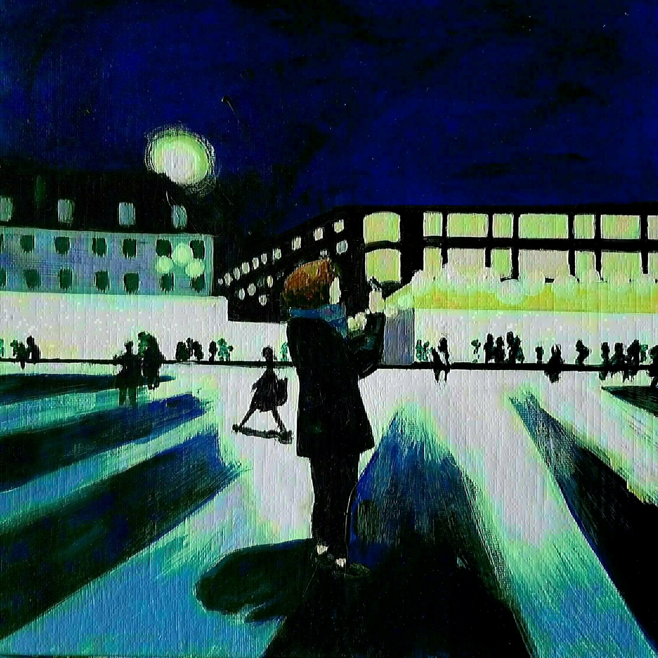 Denise Dalzell, 'Outside St Pancras', 2020, original Painting Acrylic, 11 x 11  x 1 inches. Artwork description: 3099 A nighttime scene at San Pancras Station, London...