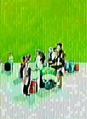 Denise Dalzell; Travelers, 2022, Original Painting Acrylic, 18 x 24 inches. Artwork description: 241 A group of travelers waiting to set out on their vacation, New Yrk City, Summer 2019...