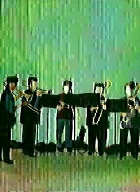 Denise Dalzell; Trombonists, 2021, Original Painting Acrylic, 12 x 16 inches. Artwork description: 241 A group of student musicians practicing outdoors, Los Angeles, Autumn 2021...
