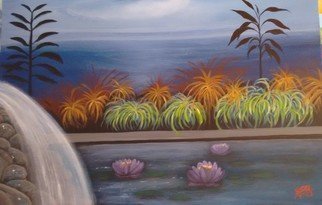 Denise Seyhun; Garden View, 2017, Original Painting Oil, 36 x 24 inches. Artwork description: 241 Garden, poolside, lilies, waterfall, botanical...