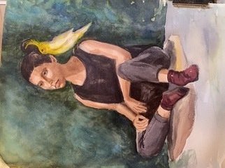 Deborah Paige Jackson; Why The Bird, 2020, Original Watercolor, 12 x 16 inches. Artwork description: 241 This portrait of the young lady was inspired by her position on the rug and her pet bird. ...
