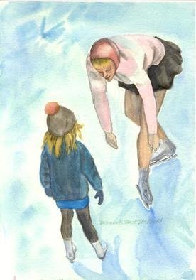 Deborah Paige Jackson, 'The Lesson', 1998, original Watercolor, 8 x 10  inches. Artwork description: 2307 Skating, kids, winter...