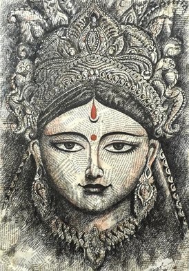 Parijat Dey; Durga, 2018, Original Drawing Pen, 12 x 18 inches. Artwork description: 241 pen sketch on news paper collage...