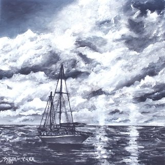 Derek Mccrea; Sailing Sailboat Nautical..., 2013, Original Printmaking Giclee, 11 x 11 inches. Artwork description: 241  Sailboat sailing at night nautical tropical marine coastal beach seascape oil painting custom print colors include navy blue black grey and white evening sunset seascapes sail boat male art gift for office or home wall. Square painting.    ...