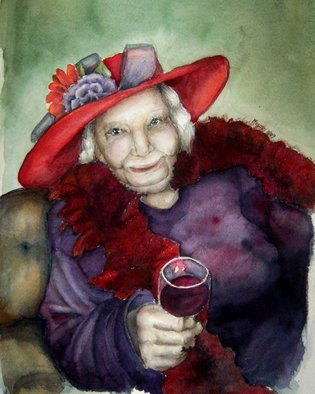 Melody Greenlief; Red Hat Lady, 2009, Original Watercolor, 8 x 10 inches. Artwork description: 241  A happy little lady with her red hat and glass of wine wishes you good cheer with a twinkle in her eye. ...