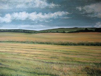 Devon Henderson; Farm Furrows,Garthby, 2011, Original Painting Acrylic, 16 x 20 inches. Artwork description: 241   Golden plowed hay fields, blue skies, clouds born by summer breezes inhabit this landscape.             ...