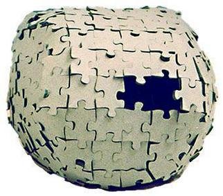 Johan Gaellman; Jigsaw Bubble, 2003, Original Sculpture Mixed, 20 x 12 cm. Artwork description: 241 It is a jigsaw sphere where the image is safely put on the inside. A few missing pieces allows for interchange with the outside. ...