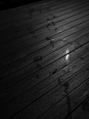 Dion Mcinnis; Footprints In Dew, 2007, Original Photography Black and White, 11 x 17 inches. Artwork description: 241  imprints of bare feet in dew on a deck.  Print comes mounted on window mat board ...