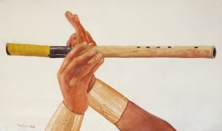 Dottie Mitchell; Handmade Flute, 2014, Original Watercolor, 24 x 14 inches. Artwork description: 241   Tony Duncan makes all his own flutes.  This is a sample of Tony showing off his flute.  ...