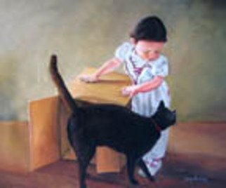 Judy Benson; Out Of The Box, 2009, Original Painting Acrylic, 25 x 18 inches. Artwork description: 241  Acrylic painting, cat, children, domestic animal, vintage, life ...