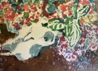 Donna Gallant, 'The Skull In My Garden 1', 1993, original Printmaking Monoprint, 24 x 18  inches. Artwork description: 1758 The first of a series based on a cow skull that I moved around my yard. The flowers represent the skull being slowly going back into the earth. ...