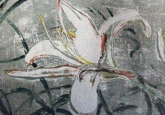 Donna Gallant; White Lily 1, 2009, Original Printmaking Monoprint, 24 x 18 inches. Artwork description: 241 A white lily than looks like itaEURtms singing. ItaEURtms joyful and light. ...