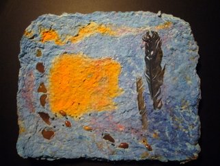 Kathy Donofrio; Orange Square With Feathers, 1998, Original Paper, 9 x 7.5 inches. Artwork description: 241  This abstract painting is a handmade acid- free paper pulp painting. It is embedded with beach glass, shells, beads and feathers. ...