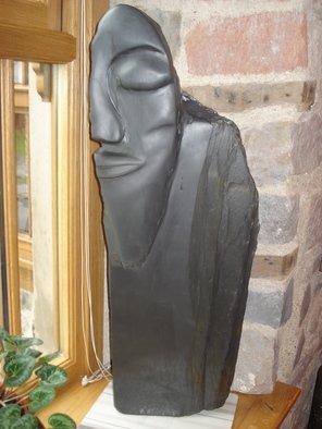 Matthew Billington; Pilgrim, 2008, Original Sculpture Stone, 8 x 28 inches. Artwork description: 241  The bearded pilgrim stands and stares, one eyed. Or does he sleep. Is he cowled like a monk or helmeted like a warrior. This piece further explores the theme of fluidity in stone, contrasting the sculpted polished forms with the natural shape and texture of the slate ...