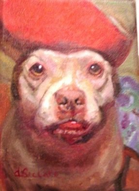 Dorothy Siclare; Balance The Ball, 2010, Original Painting Oil, 7 x 5 inches. Artwork description: 241     pit bull, dog, mixed breed, white dog, dog with ball, dog with ball on his head, white dog, playful dog, portrait of dog, dog with a ball, unconventional dog with ball portrait     ...